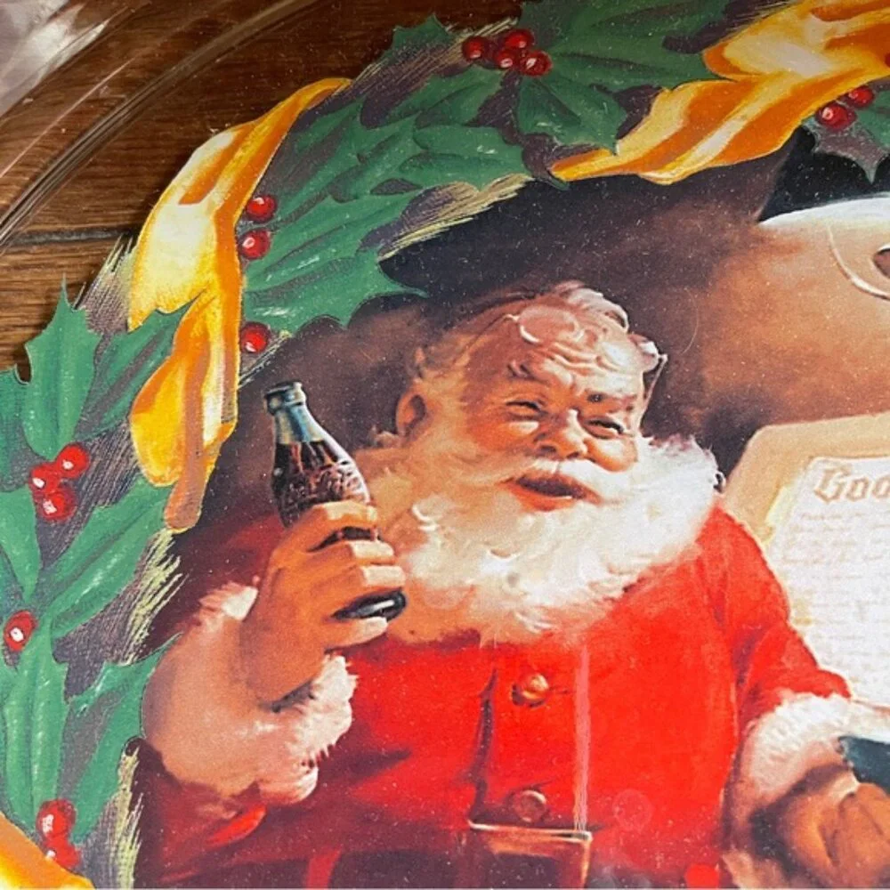 Vintage Santa Claus Holding Coca-Cola Bottle Glass Platter Good Boys & Girls 13
